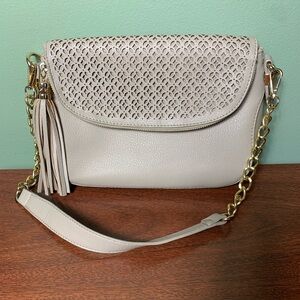 Madison West | Beige Cut Out Faux Leather Tassel Gold Chain Strap